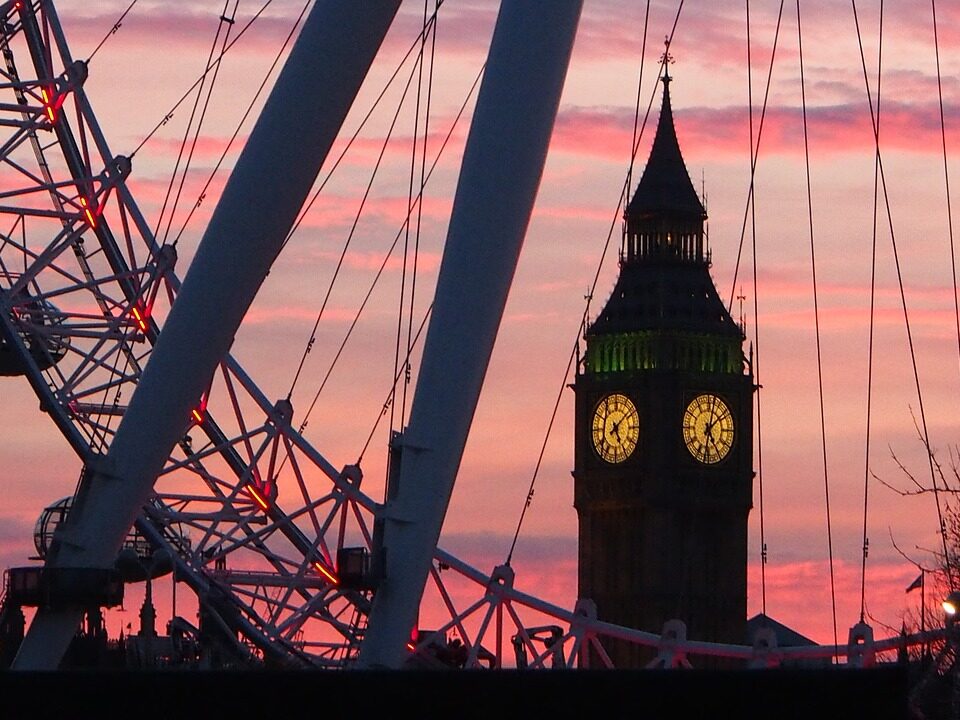 London Eye with Big Ben in the background at sunset
