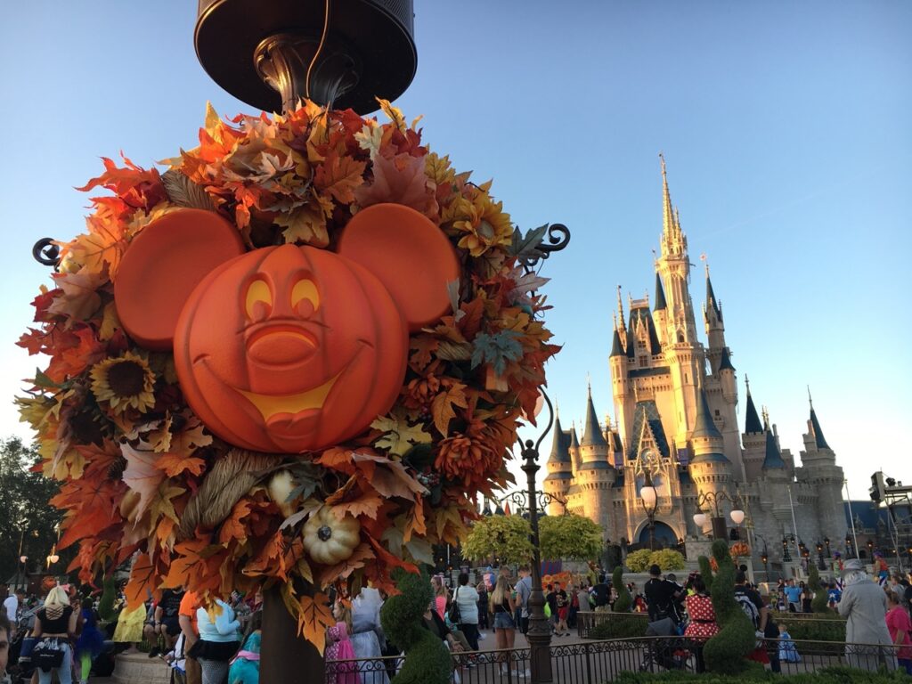 Halloween decoration with Micky Mouse in front of the castle at the Magic Kingdom at Disney World