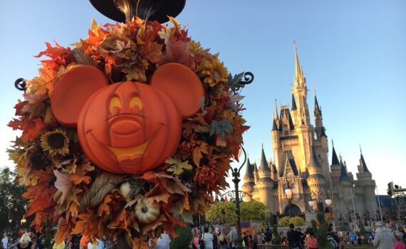 Halloween decoration with Micky Mouse in front of the castle at the Magic Kingdom at Disney World
