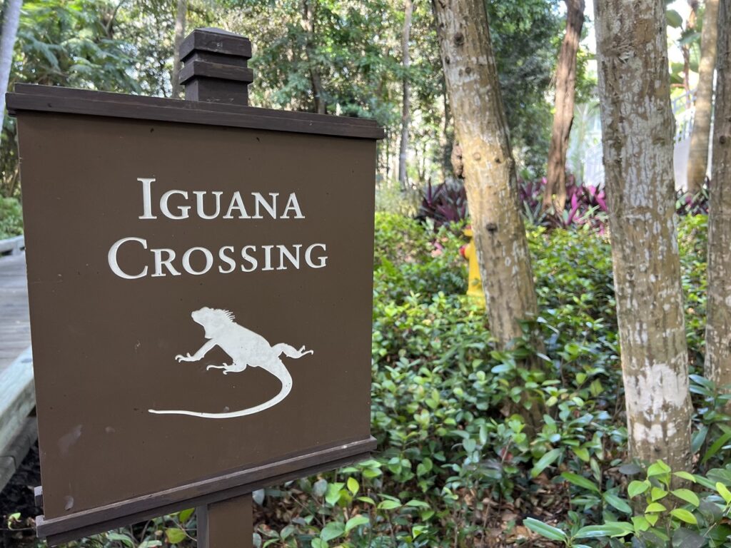 Sign that says Iguana Crossing in the gardens of the St Regis Hotel in Puerto Rico