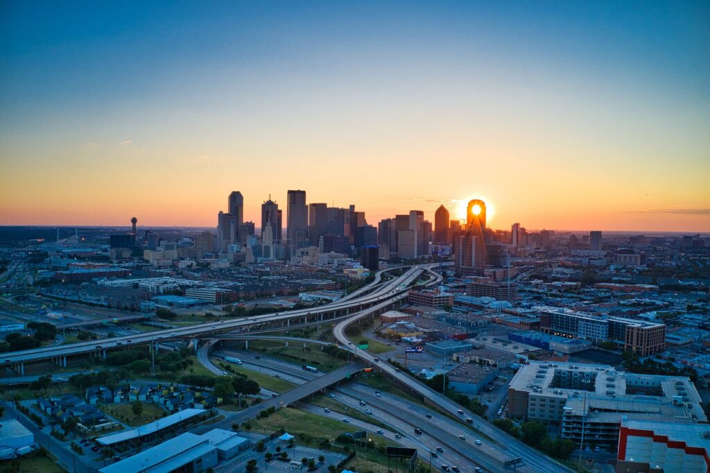 Dallas, Texas skyline at sunset.