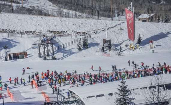 Lift line of skiers at Park City Utah