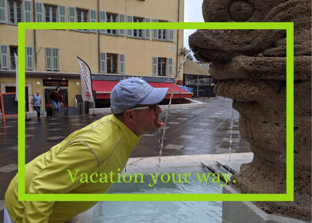 Caption, Vacation Your Way with man drinking from a fountain