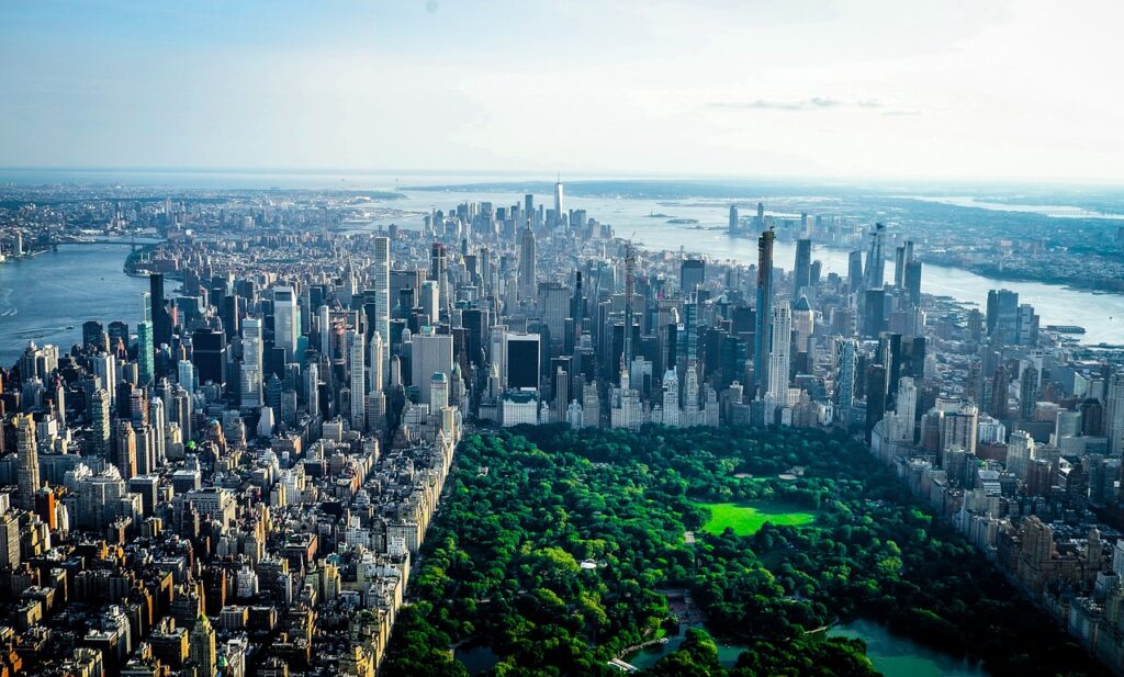 Aerial view of central park and the skyline of New York City