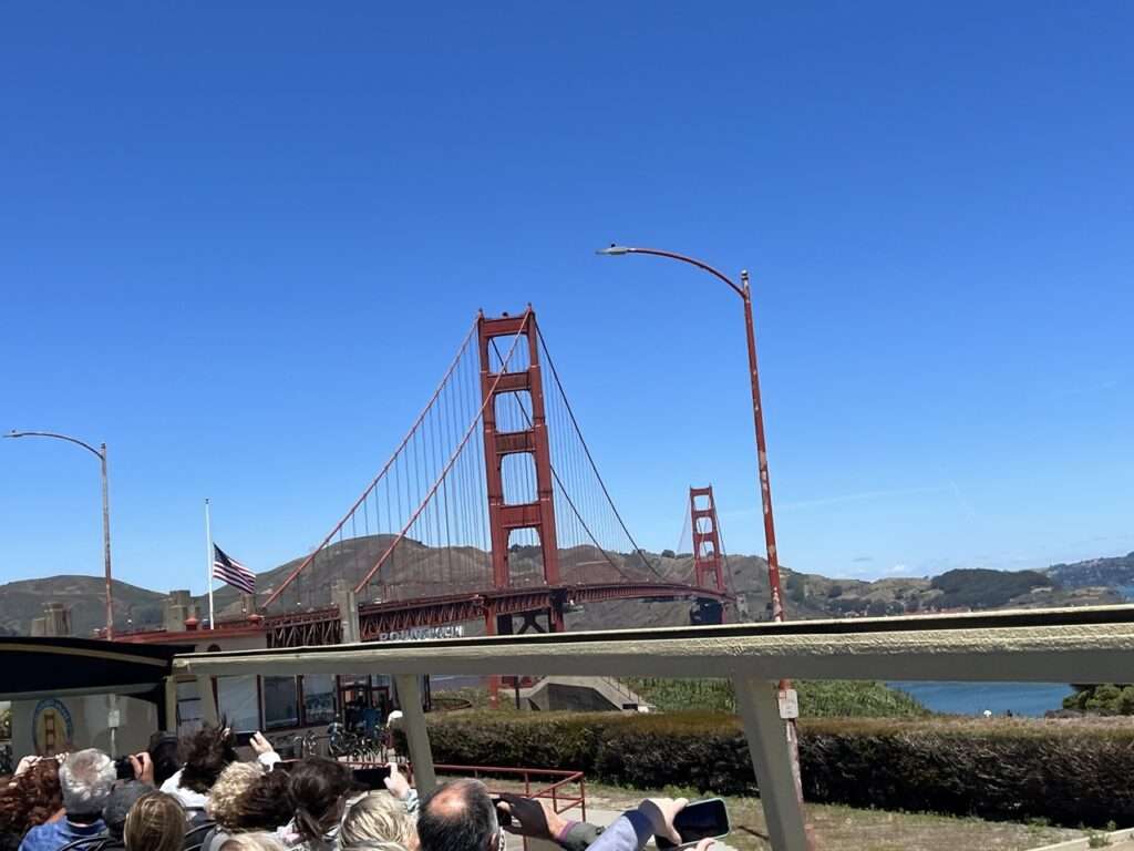 View of the Golden Gate Bridge from a tour bus
