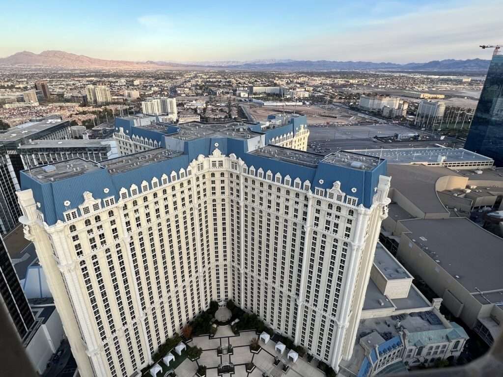 View of the Paris hotel from the top of the Eiffel Tower Replica in Las Vegas