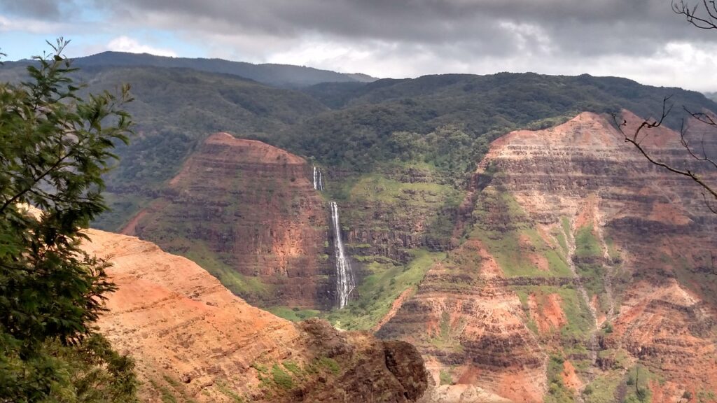 View of water fall in the distance at Waimea Canyon in Kauai