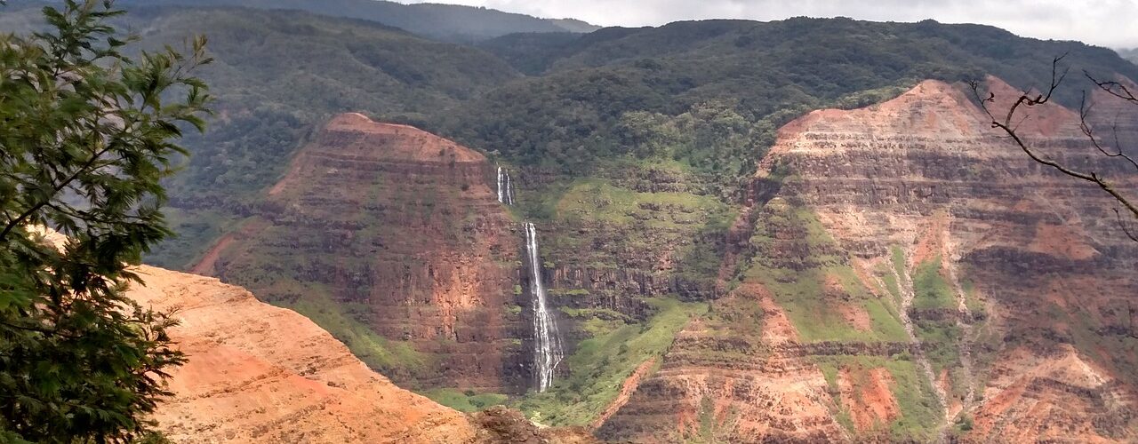 View of water fall in the distance at Waimea Canyon in Kauai