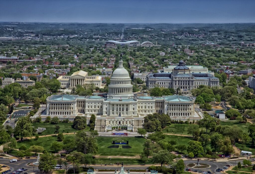 Aerial view of Washington DC's capitol building