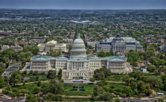Aerial view of Washington DC's capitol building