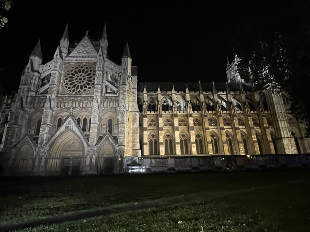 Westminster Abbey in London lit up at night