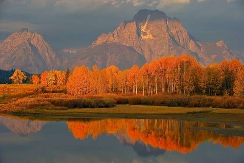 View of the Tetons at Jackson hole in the fall with bright colorful trees.