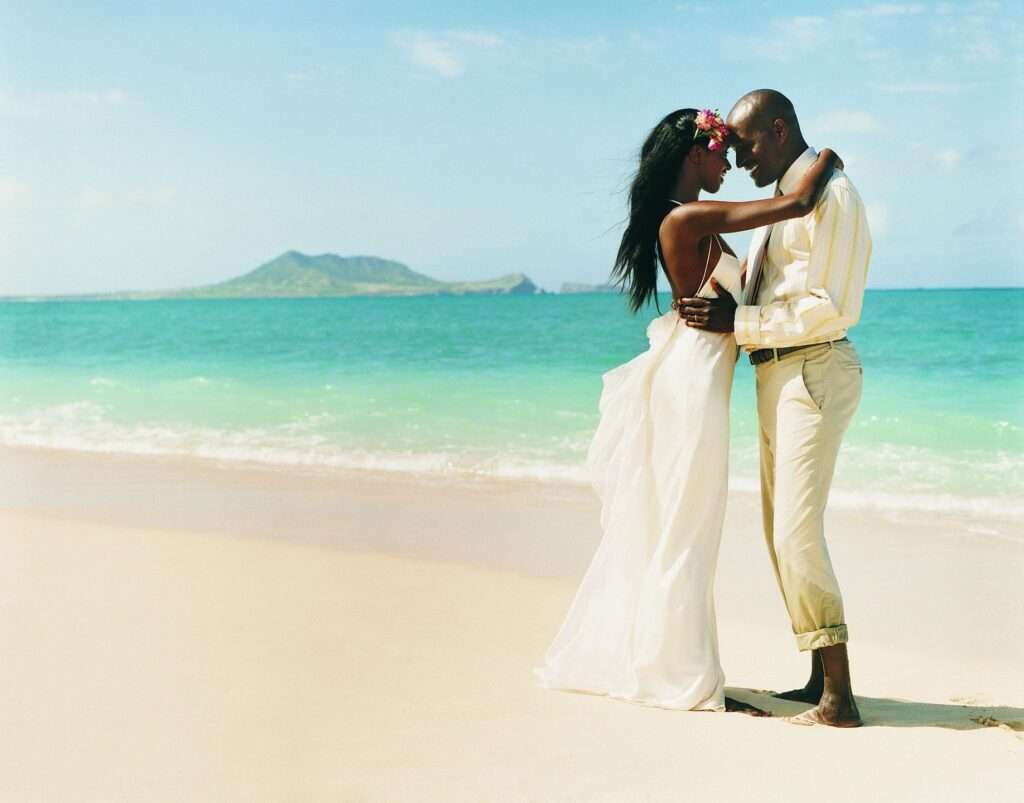 Bride and groom on a tropical beach