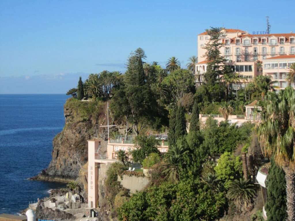 View of the Belmond Hotel Reid's Palace overlooking the ocean. Located in maderia