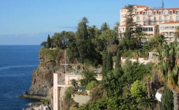 View of the Belmond Hotel Reid's Palace overlooking the ocean. Located in maderia