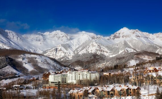 View of Telluride with the back drop of the snow covered mountains