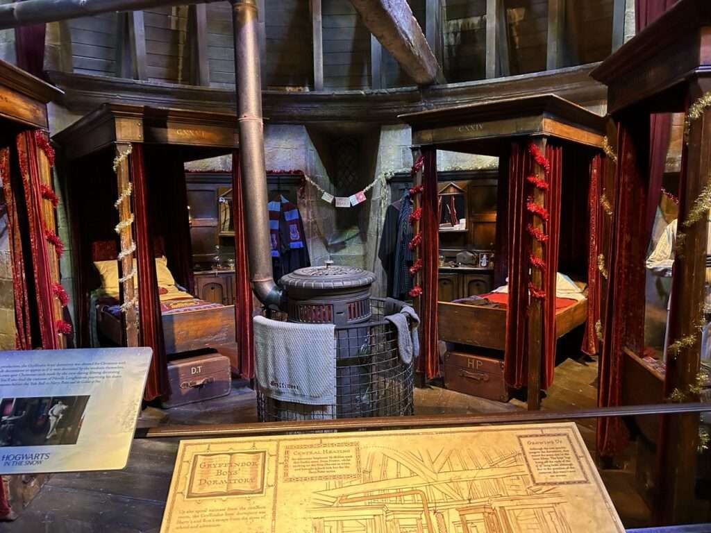 Gryffindor boys dormitory at Hogwarts - three small beds - Part of the Harry Potter Experience