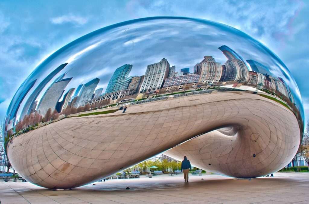 Bean sculpture found in chicago.  Shaped like a bean it reflects the cities skyline in it's reflective surface.