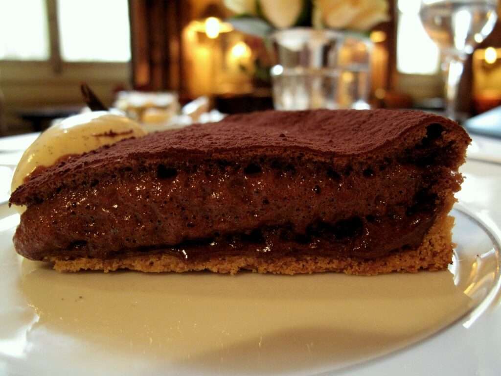 A special chocolate cake served at the L'Ambroisie in Paris