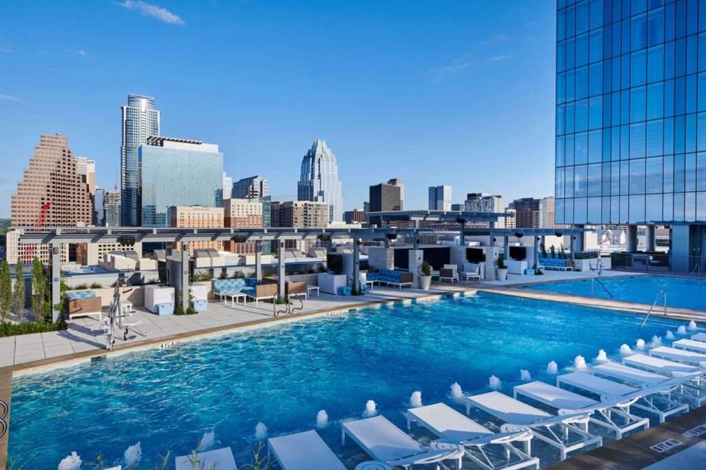 The pool at the Fairmont Austin - with a view of the city's skyline. This is a luxury hotel that participates in the ACCOR STEP program