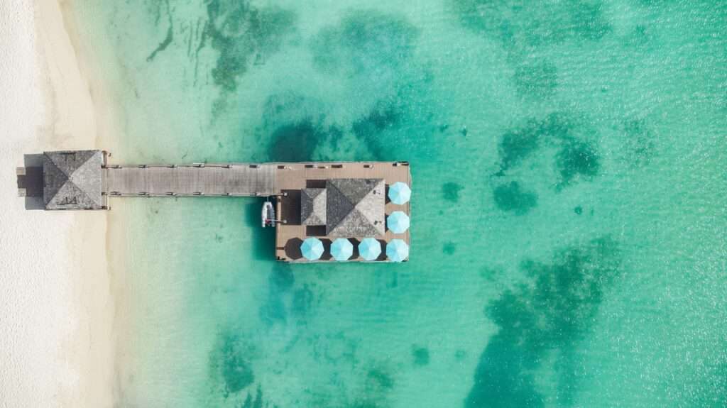 An arial shot of the pier in the carribean at the Hyatt Regency in Aruba - a Luxury Hotel in Aruba
