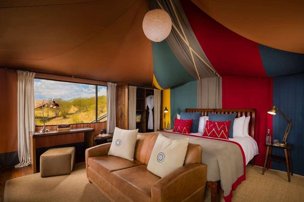 The inside of a luxury tent at Mahali Mzuri in Kenya
