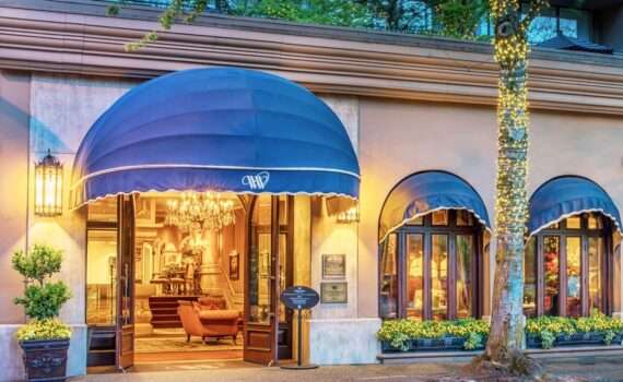 Wedgewood Hotel Entrance lit up at night