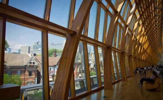 VIew out the ceiling high windows at the Art Gallery of Ontario