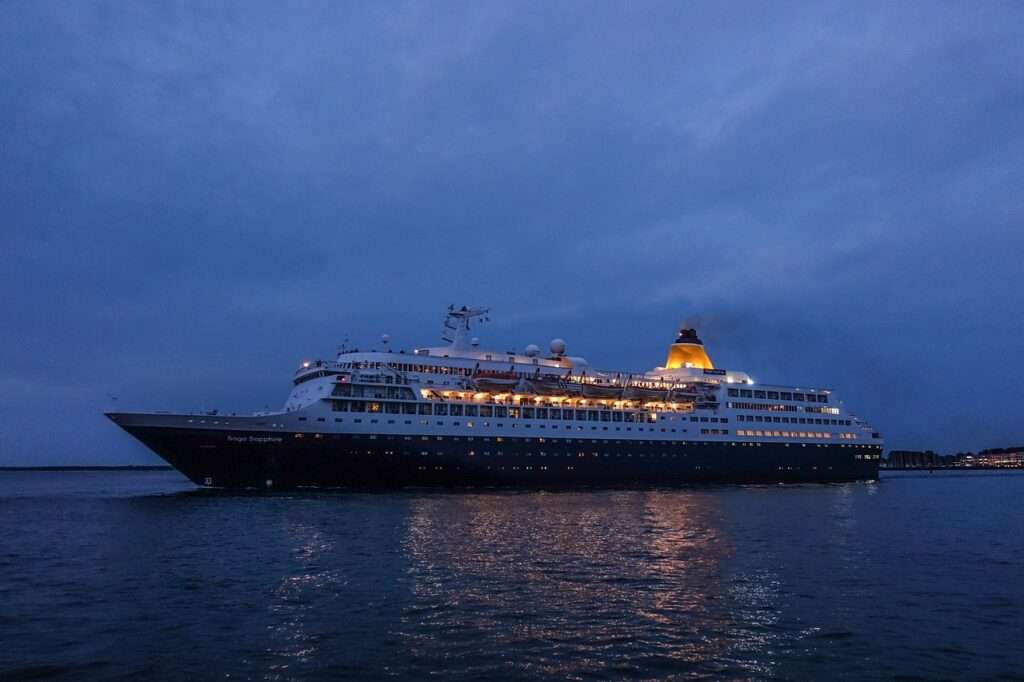 Saga Saphire Cruise ship lit up at night