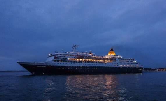 Saga Saphire Cruise ship lit up at night