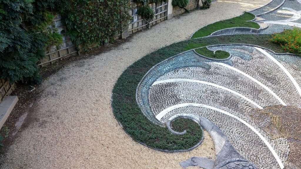 A garden landscape made out of pebbles and green plants - at Dumbarton Oaks.