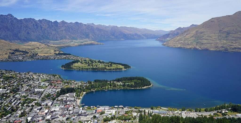 view of Lake Wakatipu from Queenstown New Zealand