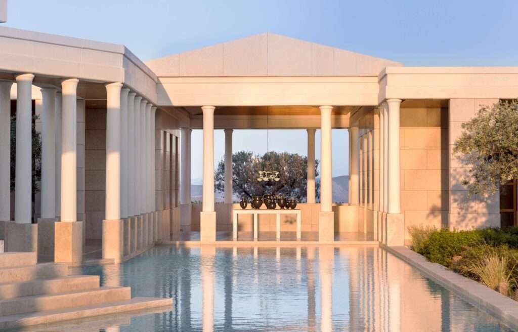 amanzoe arrival pavillion with reflection pool