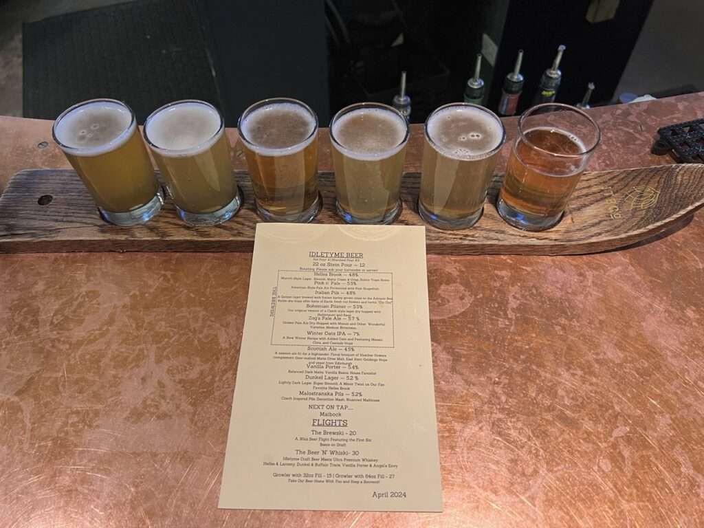 A flight of beer from Idletyme Brewing in Stowe VT - itinerary part of a beer focused vacation in Stowe