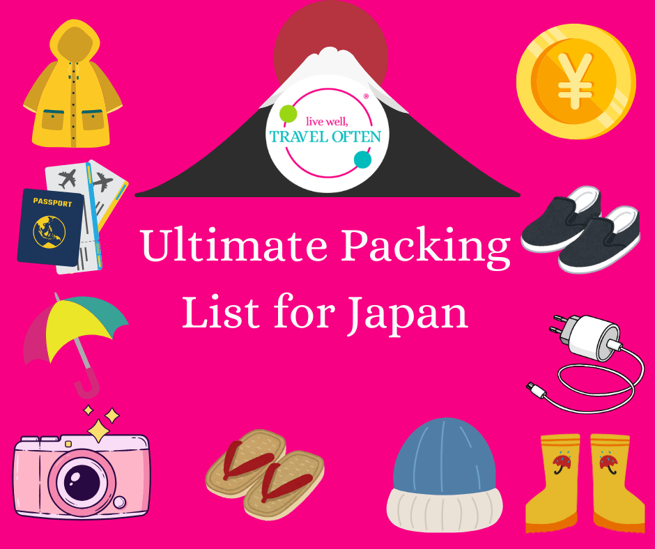 Ultimate Packing List for Japan with raincoat, passport, yen, cellphone charger