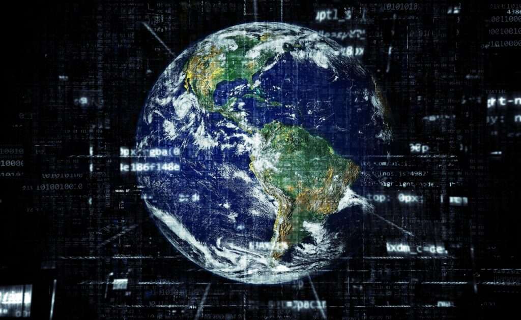 A satellite image of earth depicting internet, globalization and technology.