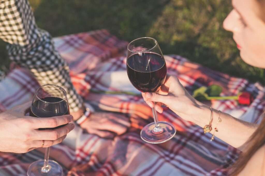 A couple having a romantic picnic with wine