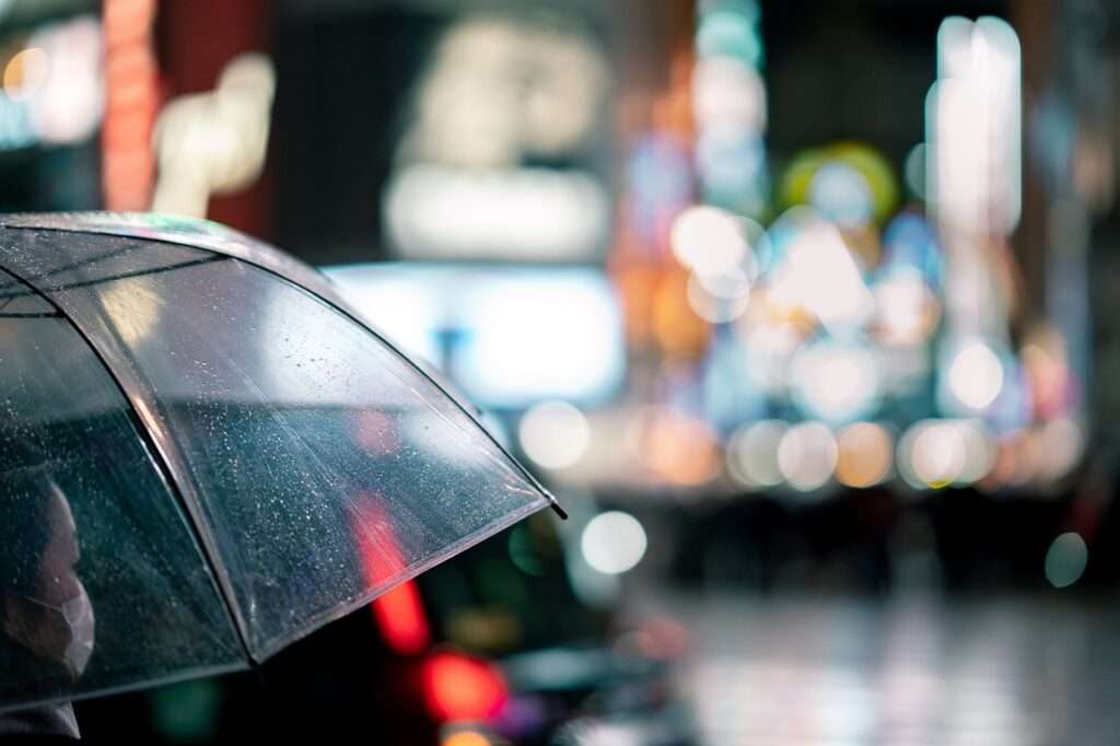 A woman under an umbrella at night in Tokyo - an umbrella is a key essential to pack for a trip to Japan