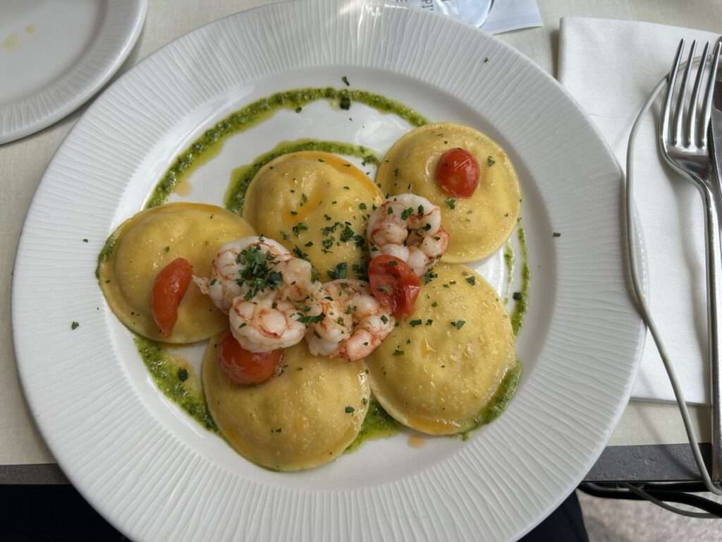 Motta Milano 1928 Ravioli with Shrimp topping and pesto