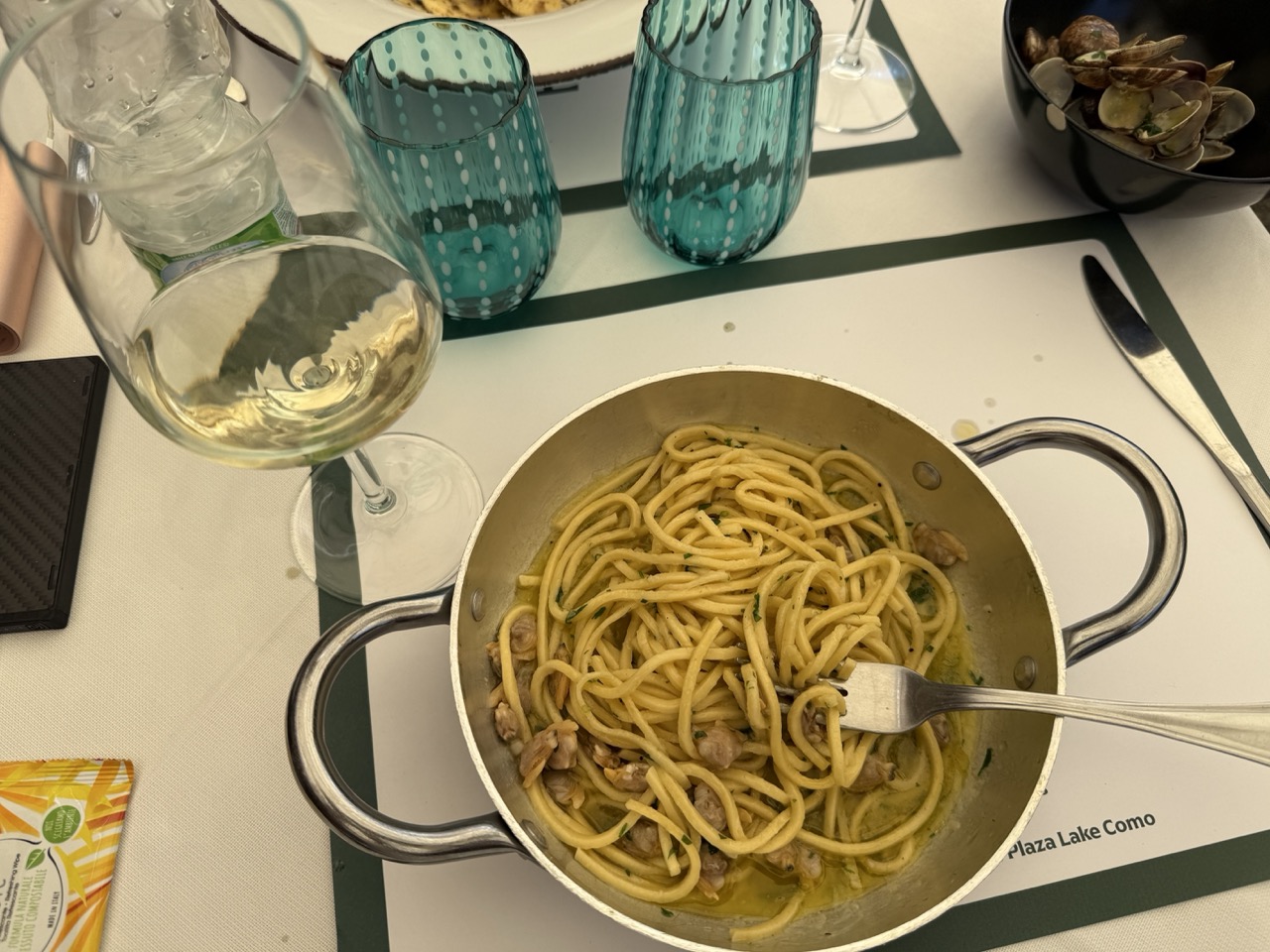 Pasta and wine at Piaza Lake Como
